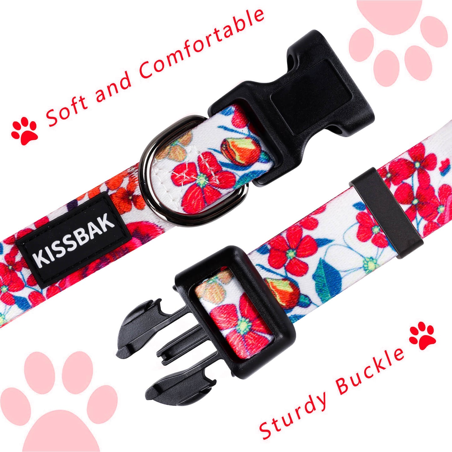 KISSBAK Dog Collar for Small-Medium-Large Dogs - Special Design Cute Girl Dog Pet Collar Soft Adjustable Fancy Floral Girl Puppy Dog Collars Scarlet Rose