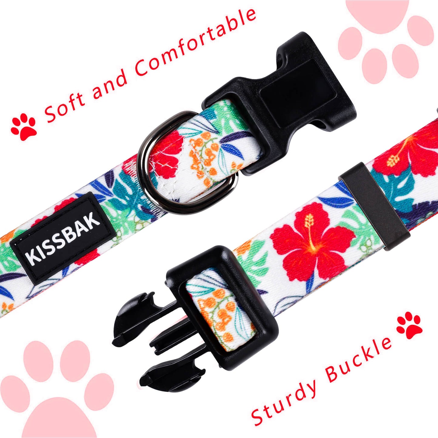 KISSBAK Dog Collar for Small-Medium-Large Dogs - Special Design Cute Girl Dog Pet Collar Soft Adjustable Fancy Floral Girl Puppy Dog Collars Hibiscus Red