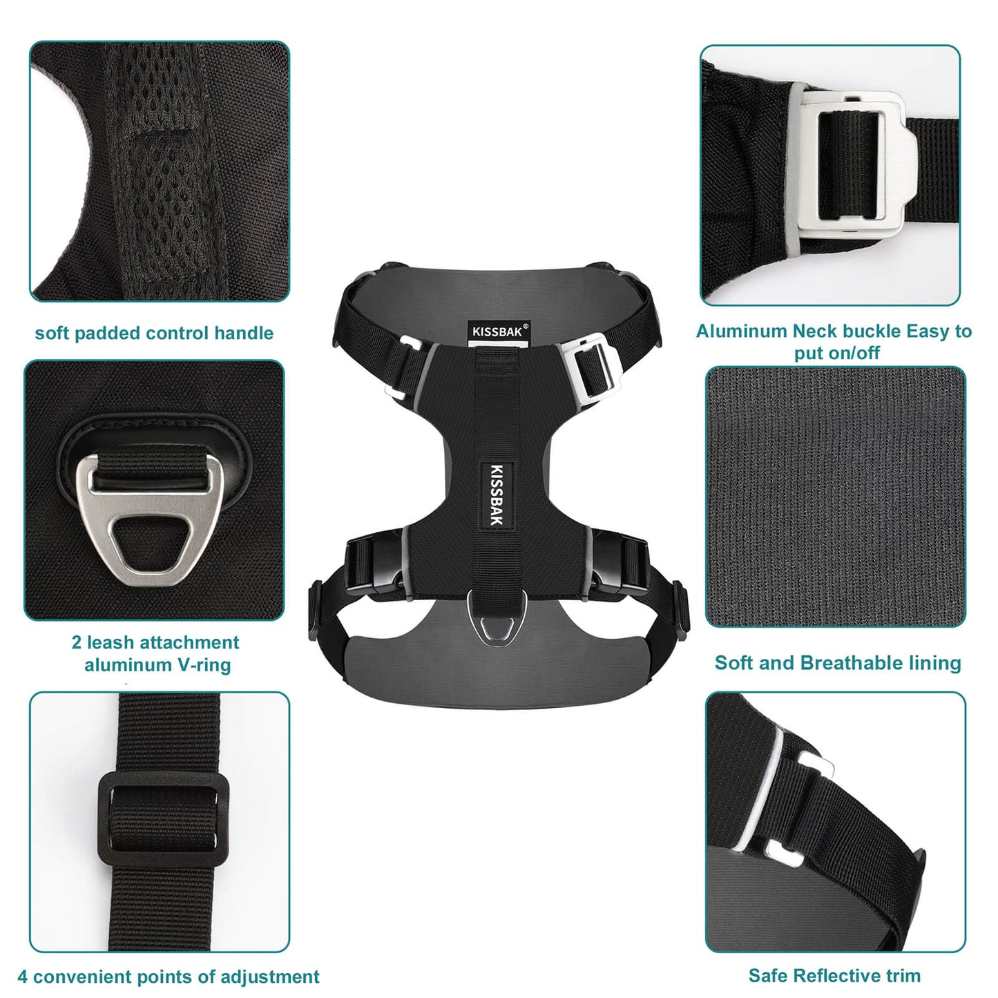 KISSBAK Dog Harness for Small-Medium-Large Dogs - No Pull Dog Vest Harness with Handle, Cute Girl Boy Reflective Soft Padded Pet Harness, 2 Leash Clips Adjustable Comfortable Easy Walk Dog Chest Harness Designed Pink Black