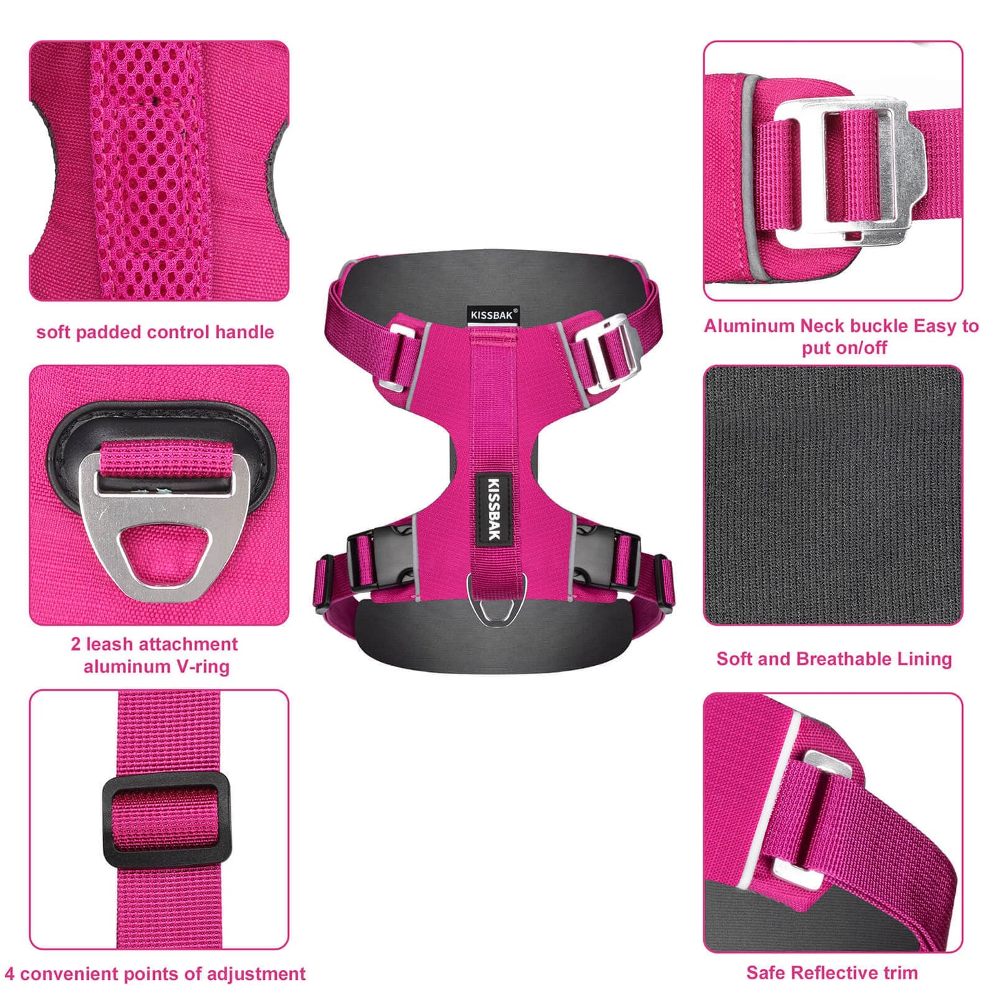 KISSBAK Dog Harness for Small-Medium-Large Dogs - No Pull Dog Vest Harness with Handle, Cute Girl Boy Reflective Soft Padded Pet Harness, 2 Leash Clips Adjustable Comfortable Easy Walk Dog Chest Harness Designed Pink Black